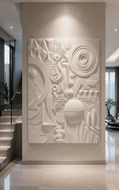 Constructivist Assembly satin white Corian wall panel, front view in the Lower Parel duplex foyer