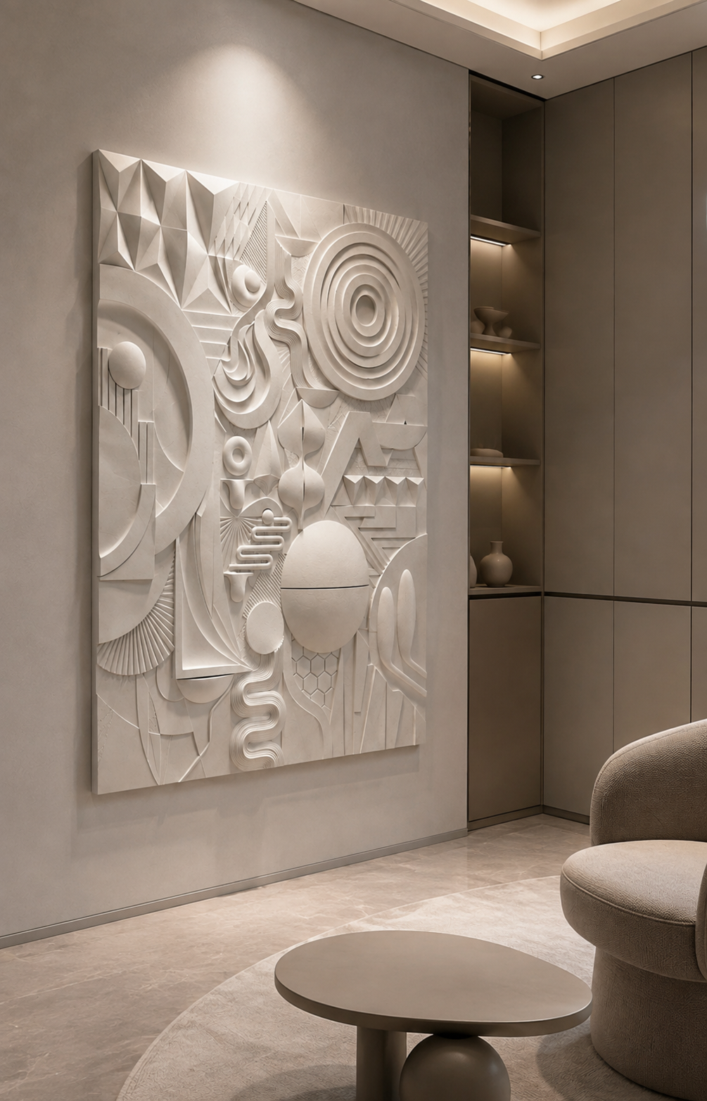 Constructivist Assembly satin white Corian wall panel, left view in the BKC study gallery