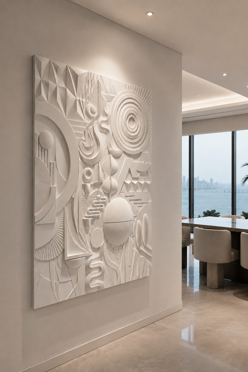 Constructivist Assembly satin white Corian wall panel, right view in the Worli dining passage