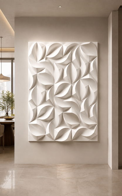 Folded Petal Grid satin white Corian wall panel, front view in the Bandra dining foyer