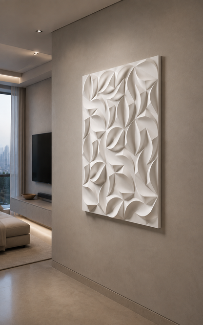 Folded Petal Grid satin white Corian wall panel, left view in the Powai media lounge