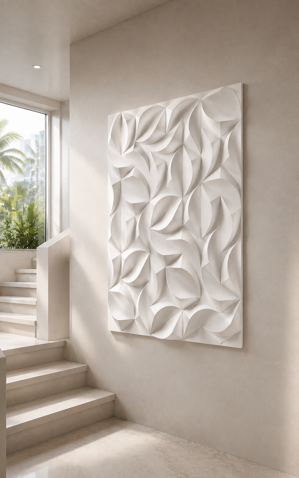 Folded Petal Grid satin white Corian wall panel, right view in the Juhu stair landing