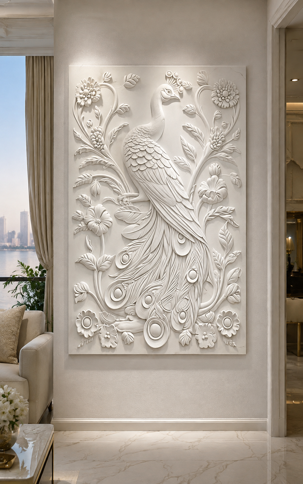 Floral Peacock Court satin white Corian wall panel, front view in the Malabar Hill formal living room