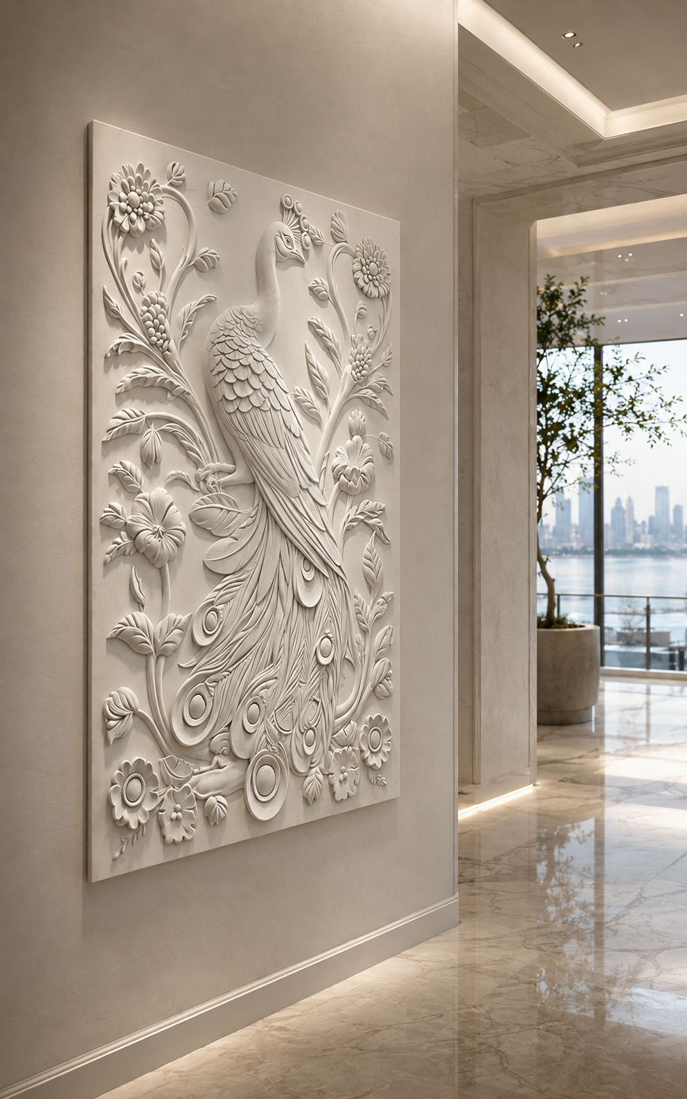 Floral Peacock Court satin white Corian wall panel, left view in the Worli entrance hall