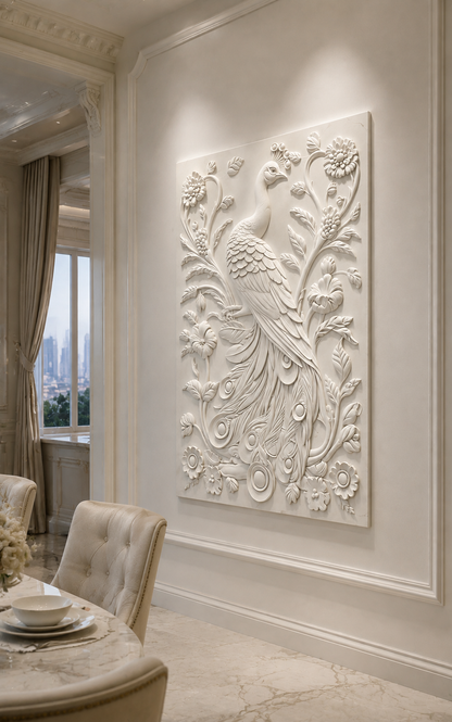 Floral Peacock Court satin white Corian wall panel, right view in the South Mumbai dining salon