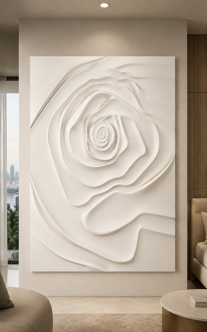 Monumental Rose satin white Corian wall panel, front view in the Worli master-bedroom lounge