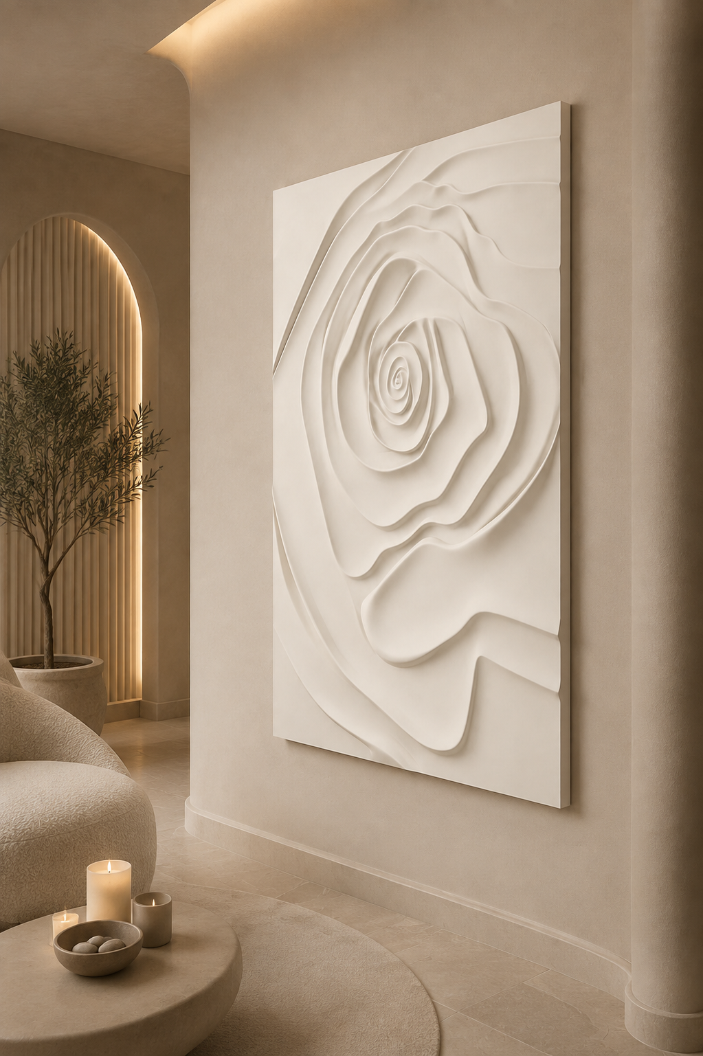 Monumental Rose satin white Corian wall panel, left view in the Bandra wellness lounge