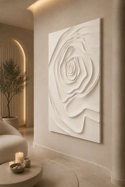 Monumental Rose satin white Corian wall panel, left view in the Bandra wellness lounge