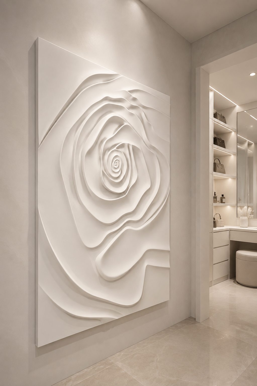 Monumental Rose satin white Corian wall panel, right view in the Marine Drive dressing lobby