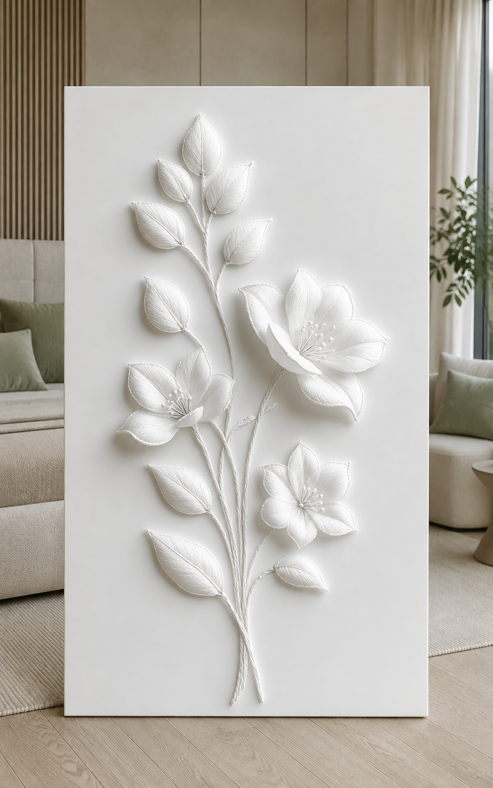 Silken Blossom Spray satin white Corian wall panel, front view in a Malabar Hill bedroom lounge