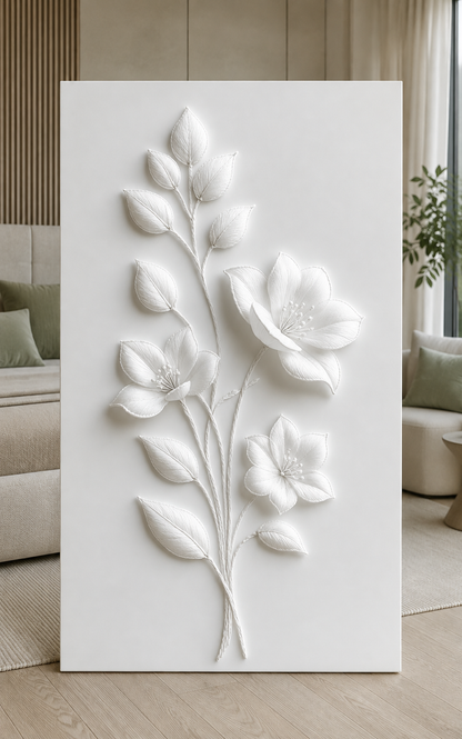 Silken Blossom Spray satin white Corian wall panel, front view in a Malabar Hill bedroom lounge