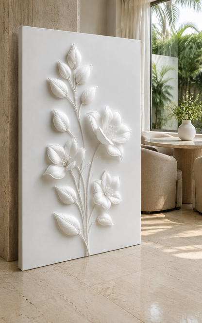 Silken Blossom Spray satin white Corian wall panel, left view in a Juhu breakfast nook
