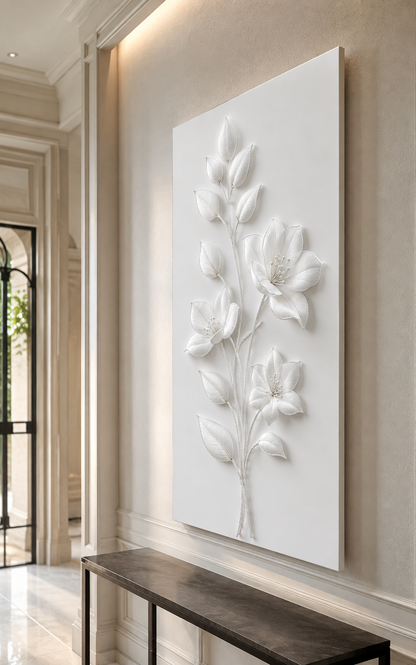 Silken Blossom Spray satin white Corian wall panel, right view in a Cuffe Parade entrance gallery