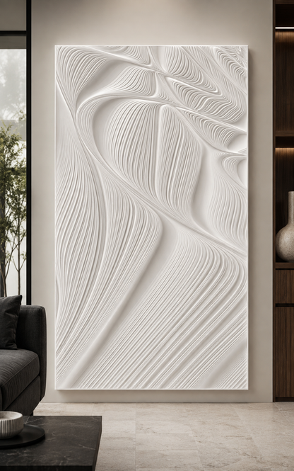 Pleated Current Fields satin white Corian wall panel, front view in a Worli formal living room