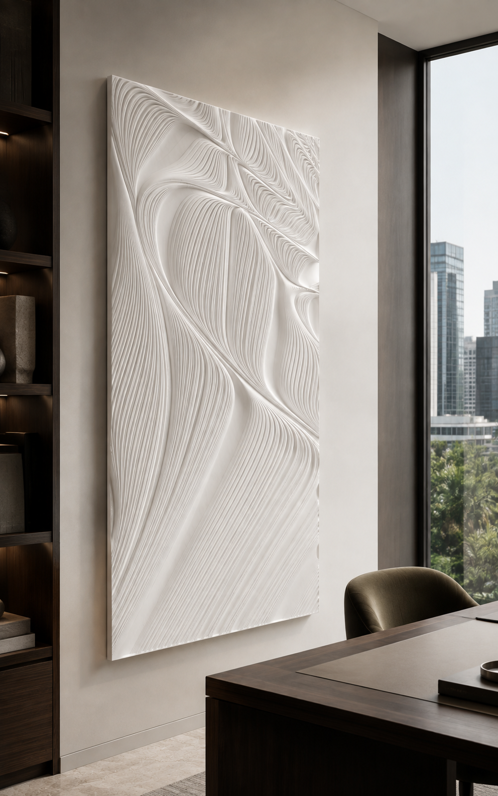 Pleated Current Fields satin white Corian wall panel, left view in a BKC executive study