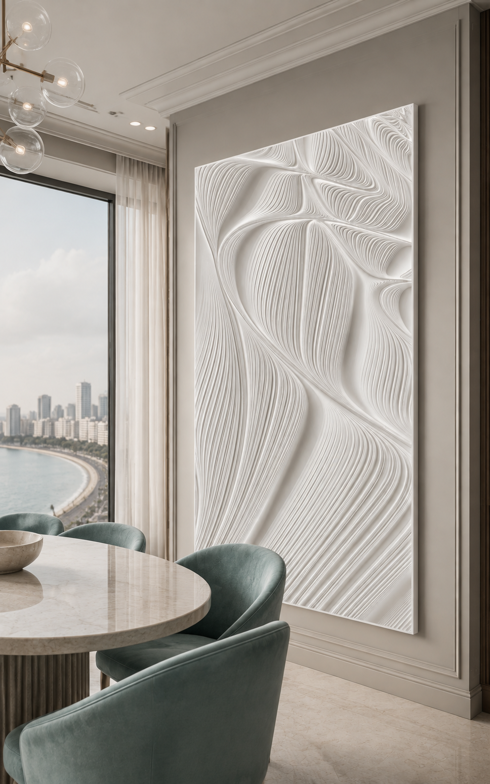 Pleated Current Fields satin white Corian wall panel, right view in a Marine Drive dining salon