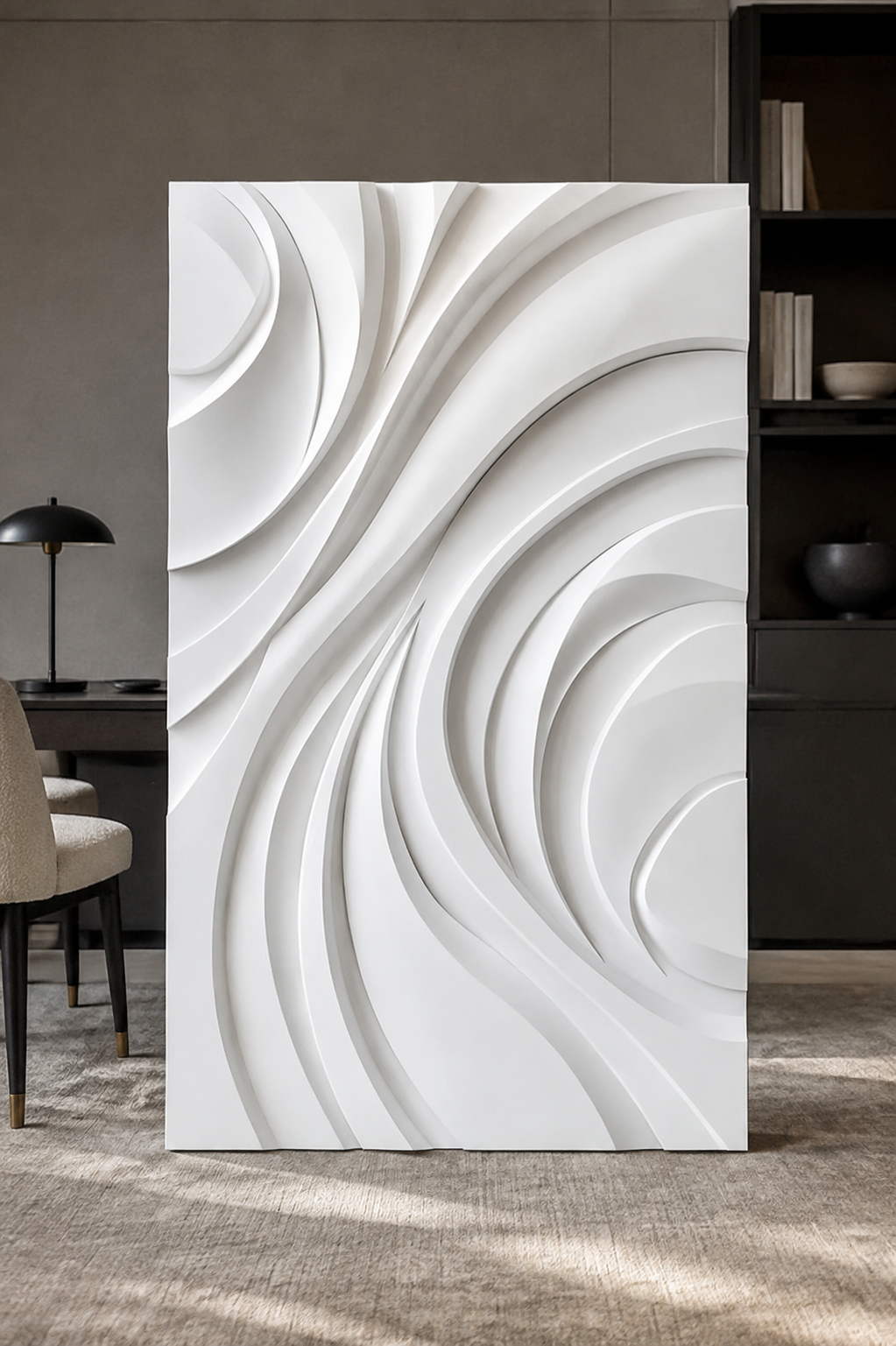 Nested Arc Surge satin white Corian wall panel, front view in a BKC home office lounge