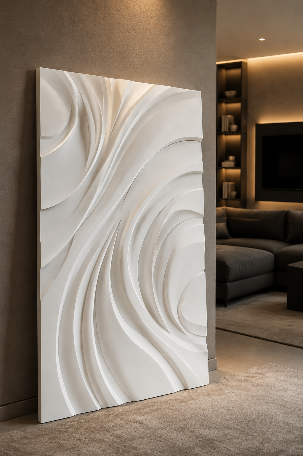 Nested Arc Surge satin white Corian wall panel, left view in a Bandra media room