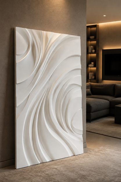 Nested Arc Surge satin white Corian wall panel, left view in a Bandra media room