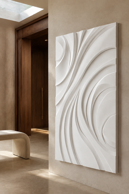 Nested Arc Surge satin white Corian wall panel, right view in a Malabar Hill entrance gallery