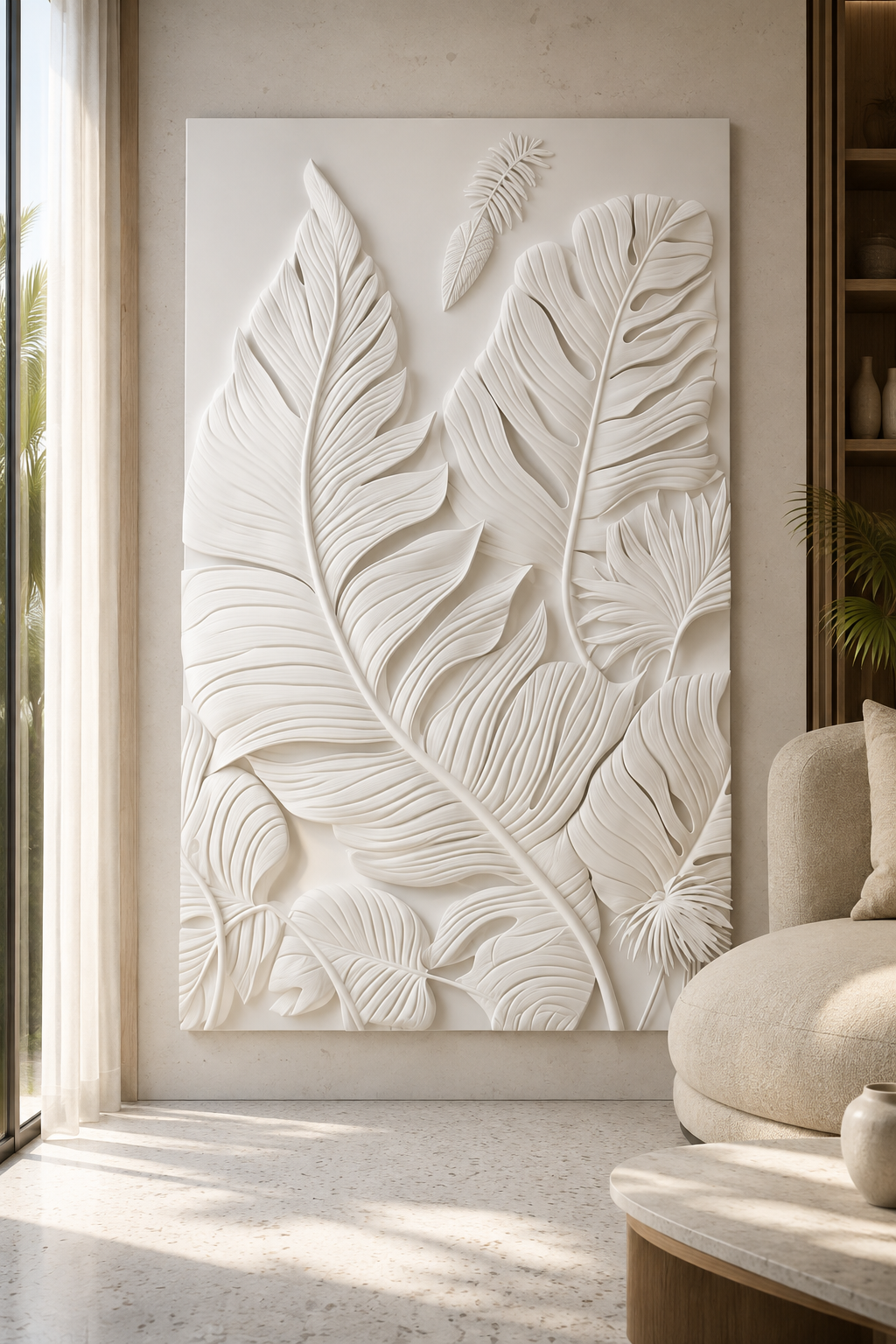 Tropical Canopy Layer satin white Corian wall panel, front view in a Juhu living room