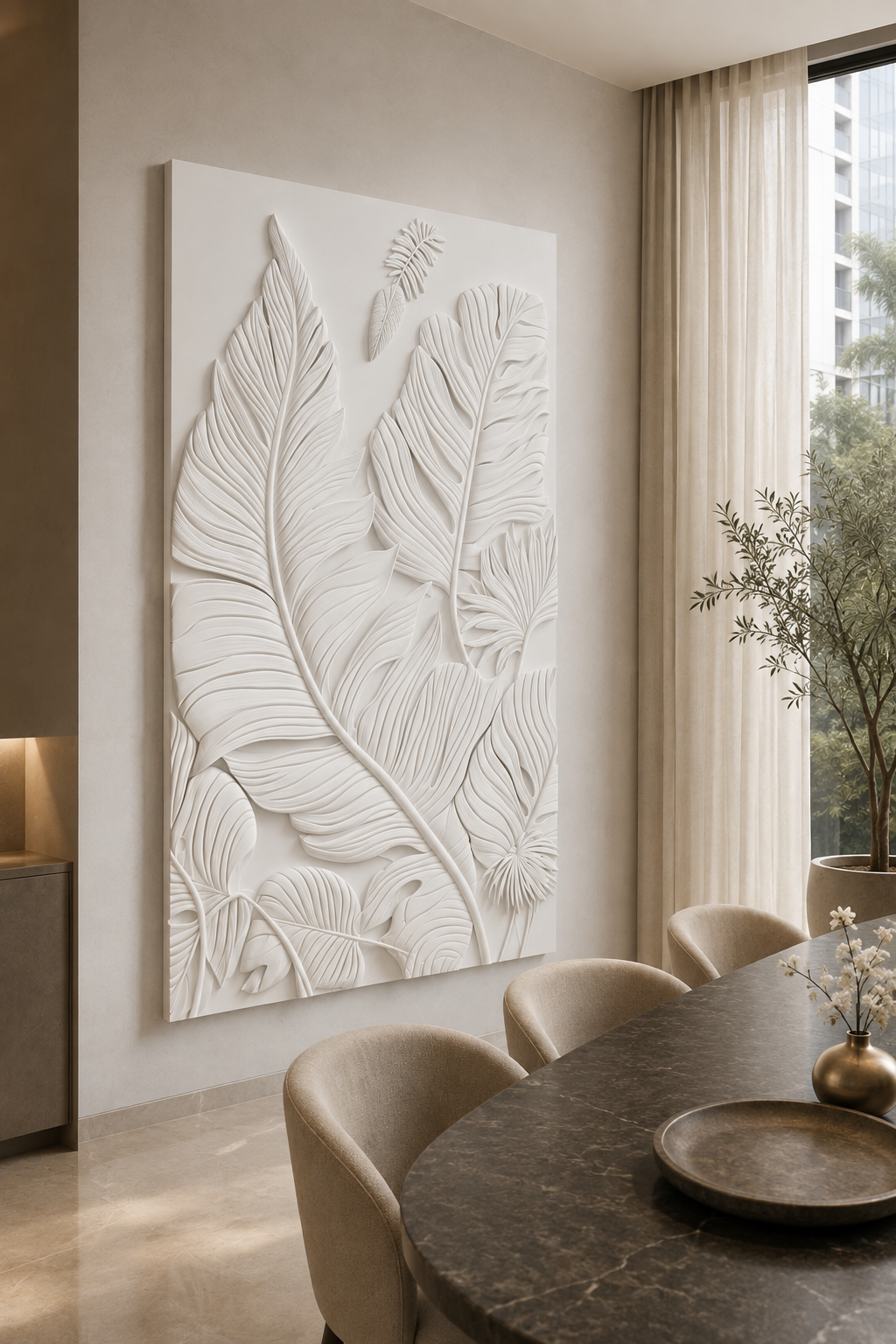 Tropical Canopy Layer satin white Corian wall panel, left view in a Powai dining lounge