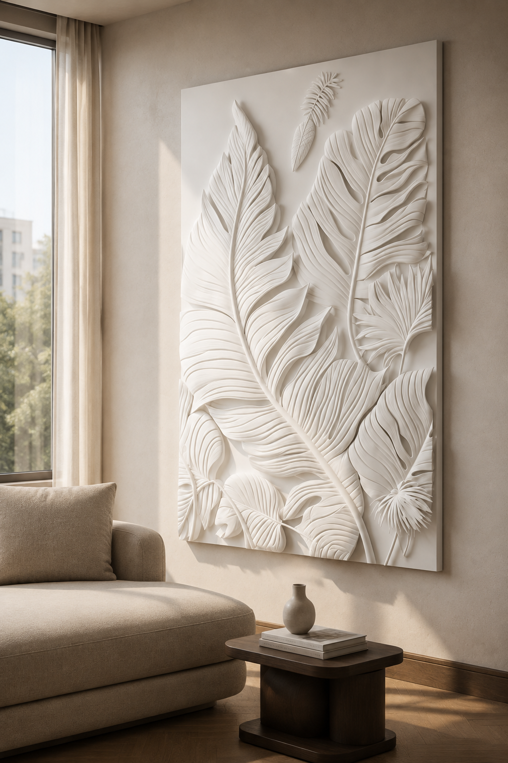 Tropical Canopy Layer satin white Corian wall panel, right view in a Bandra bedroom sitting area