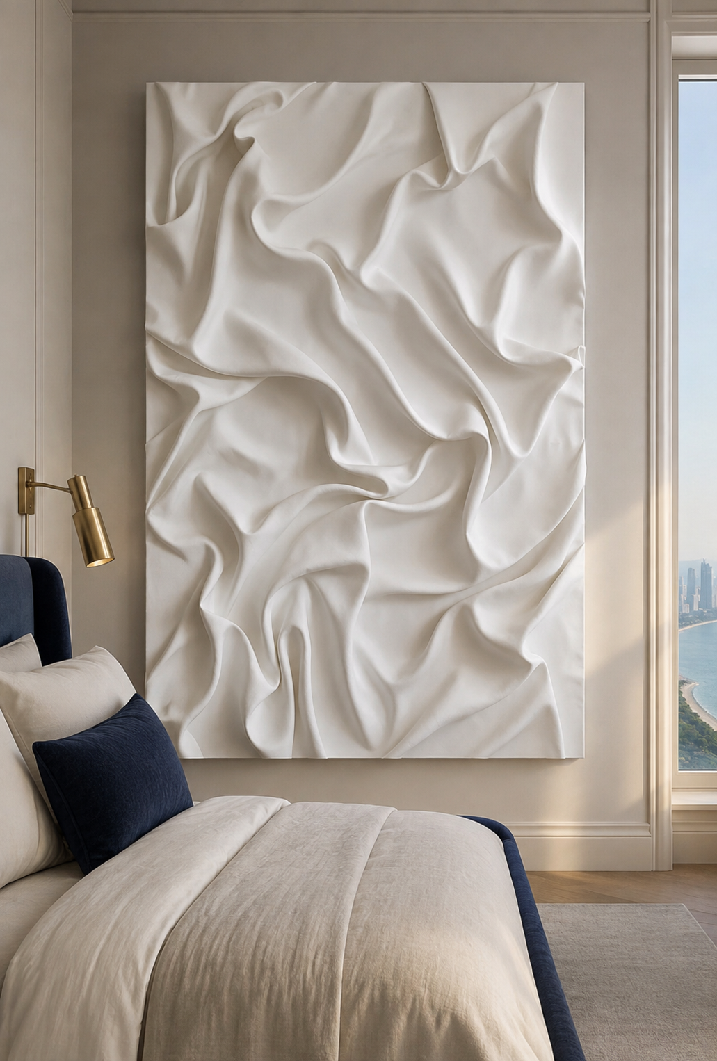 Sculpted Drapery Fold satin white Corian wall panel, front view in a Marine Drive bedroom