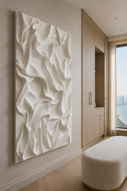 Sculpted Drapery Fold satin white Corian wall panel, left view in a Worli dressing suite