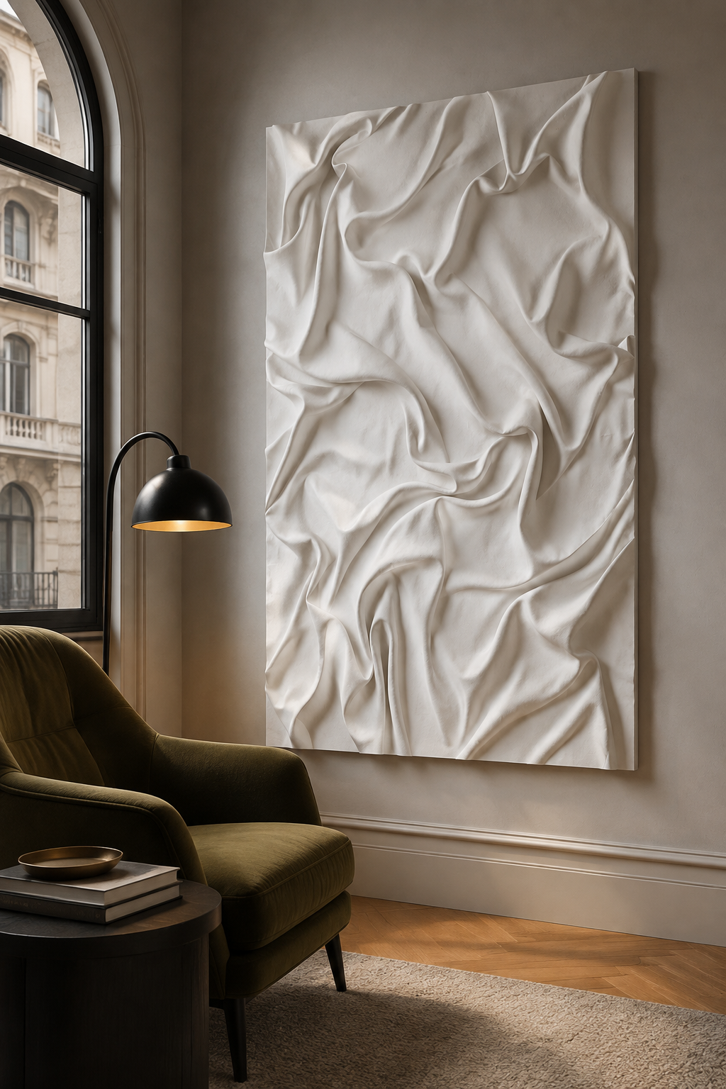 Sculpted Drapery Fold satin white Corian wall panel, right view in a Colaba reading lounge