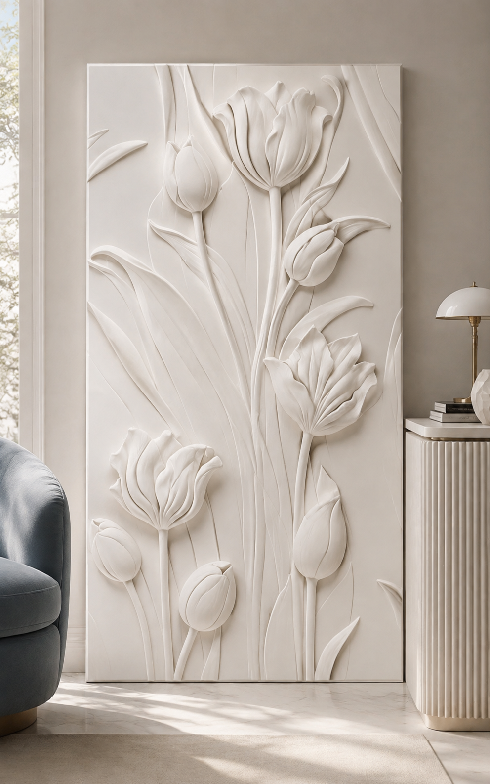 Rising Tulip Garden satin white Corian wall panel, front view in a Bandra reading room