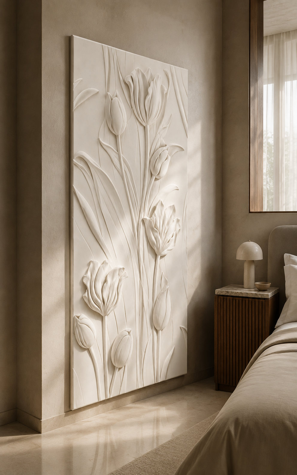 Rising Tulip Garden satin white Corian wall panel, left view in a Juhu bedroom alcove