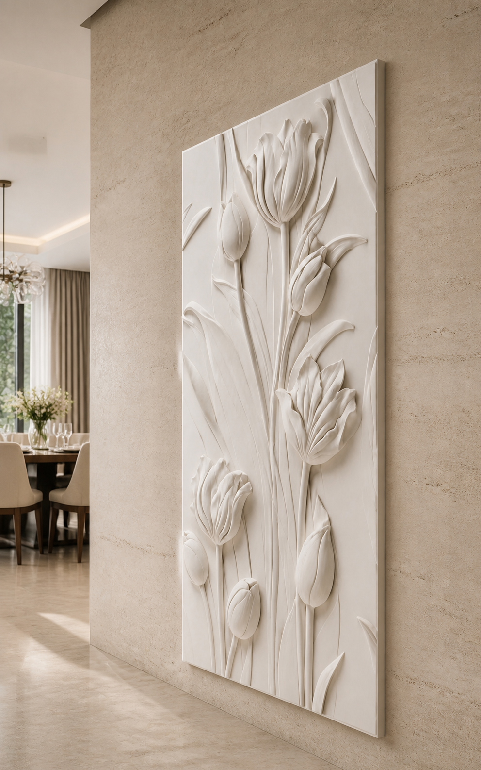 Rising Tulip Garden satin white Corian wall panel, right view in a Pali Hill dining passage
