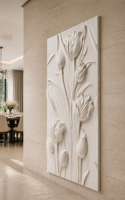 Rising Tulip Garden satin white Corian wall panel, right view in a Pali Hill dining passage