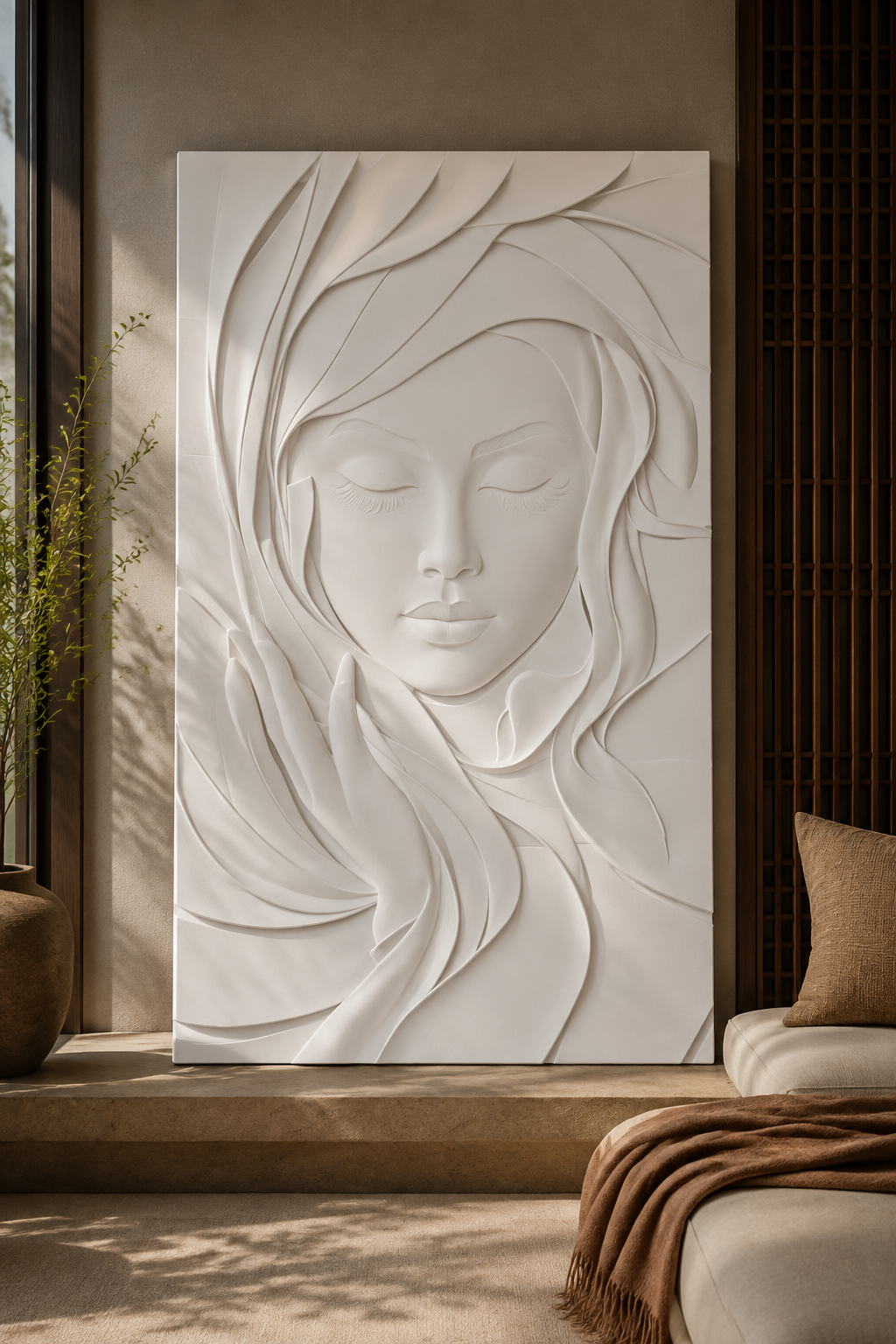 Serene Flow Portrait satin white Corian wall panel, front view in a Peddar Road meditation lounge