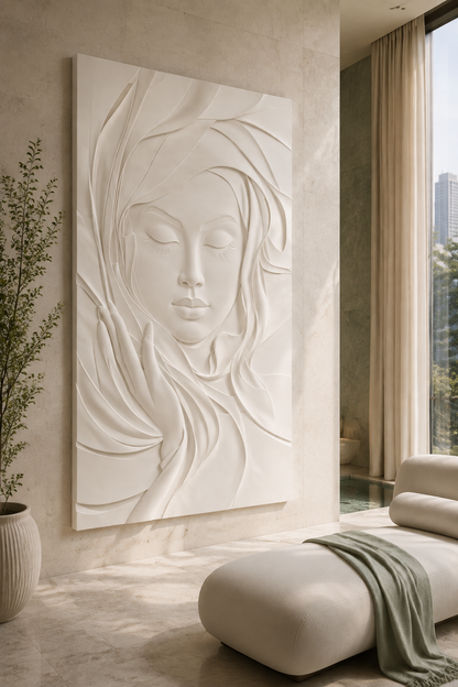 Serene Flow Portrait satin white Corian wall panel, left view in a Lower Parel wellness lounge
