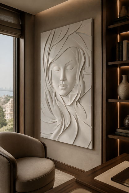 Serene Flow Portrait satin white Corian wall panel, right view in a Malabar Hill study library