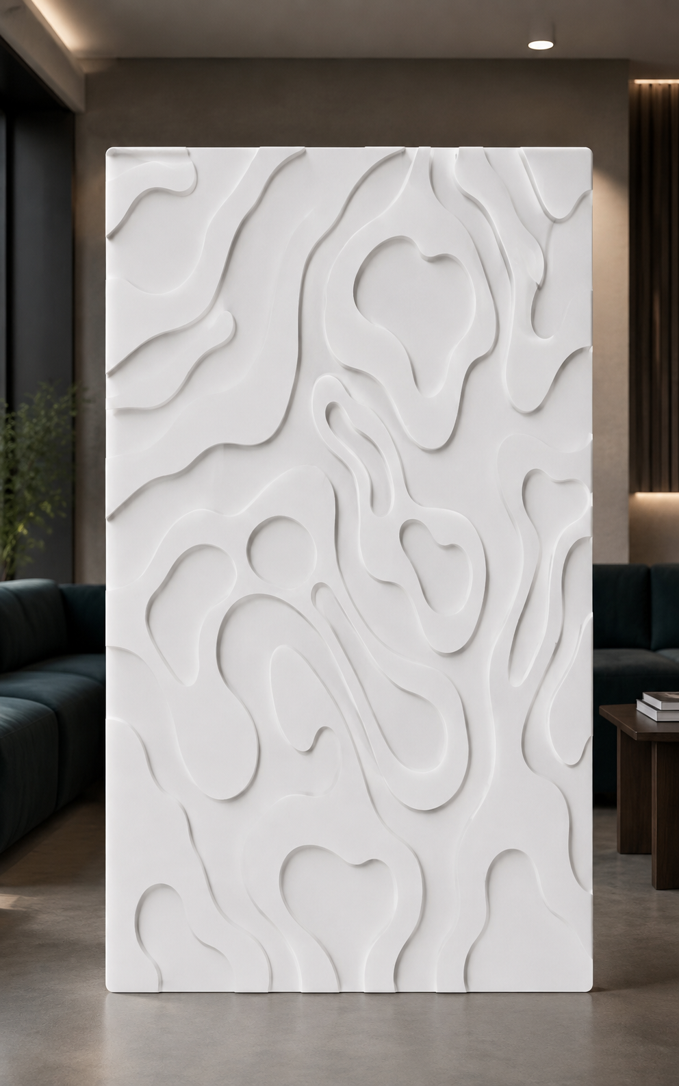 Biomorphic Channel Field satin white Corian wall panel, front view in a Lower Parel media lounge