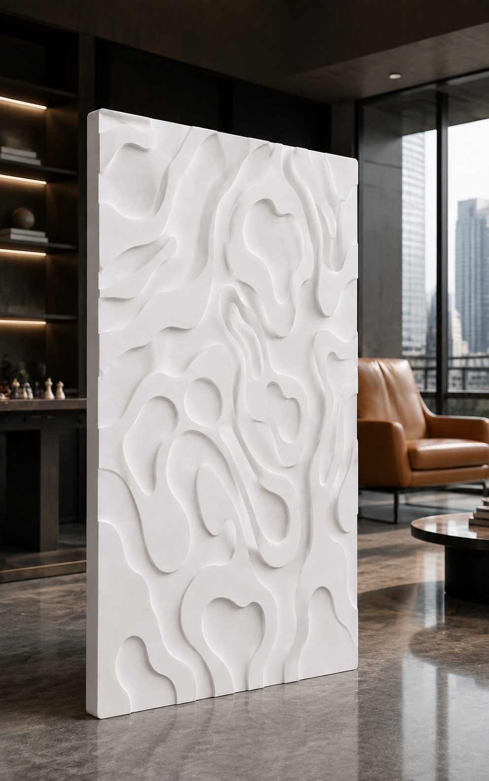 Biomorphic Channel Field satin white Corian wall panel, left view in a Worli games lounge