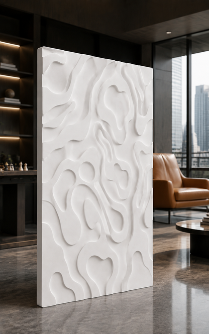 Biomorphic Channel Field satin white Corian wall panel, left view in a Worli games lounge
