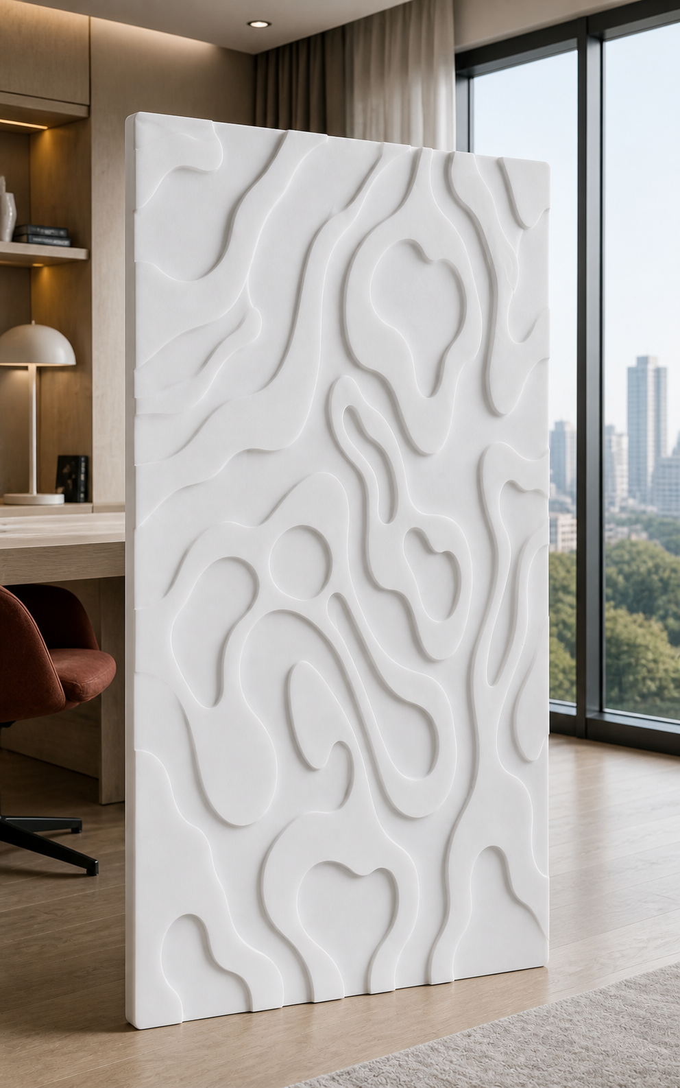 Biomorphic Channel Field satin white Corian wall panel, right view in a Powai home office lounge