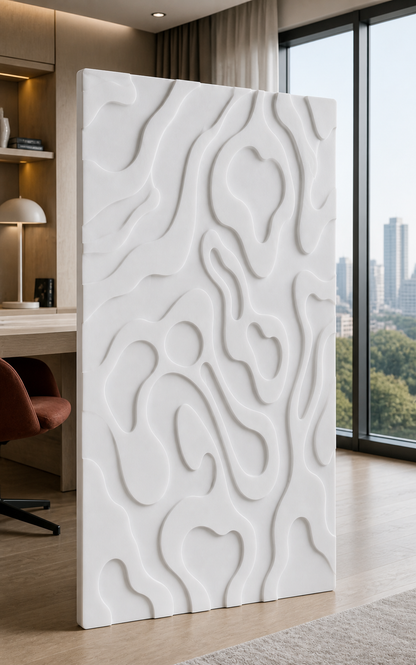 Biomorphic Channel Field satin white Corian wall panel, right view in a Powai home office lounge
