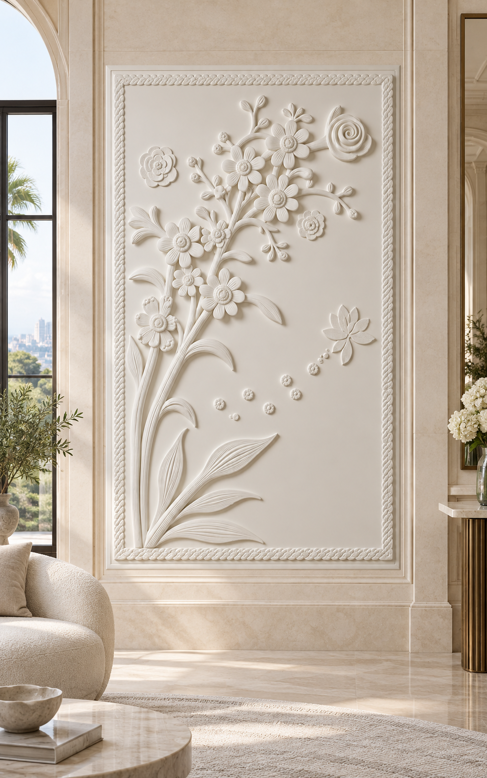 Botanical Spray Corian Wall Panel, front view in the Malabar Hill formal salon
