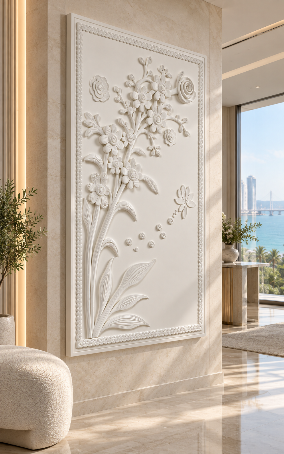Botanical Spray Corian Wall Panel, left view in the Worli entrance gallery