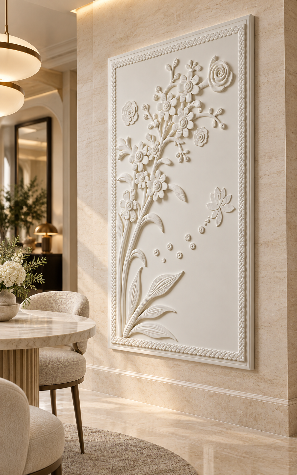 Botanical Spray Corian Wall Panel, right view in the Juhu dining foyer