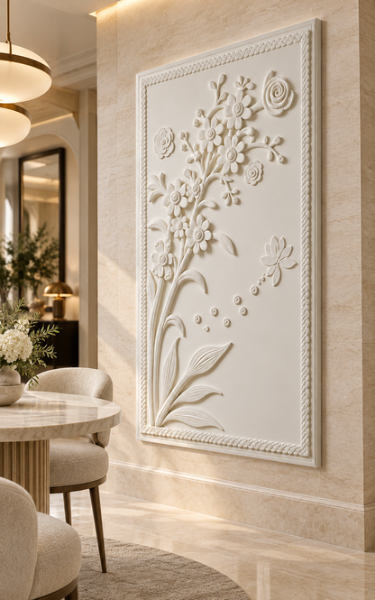 Botanical Spray Corian Wall Panel, right view in the Juhu dining foyer