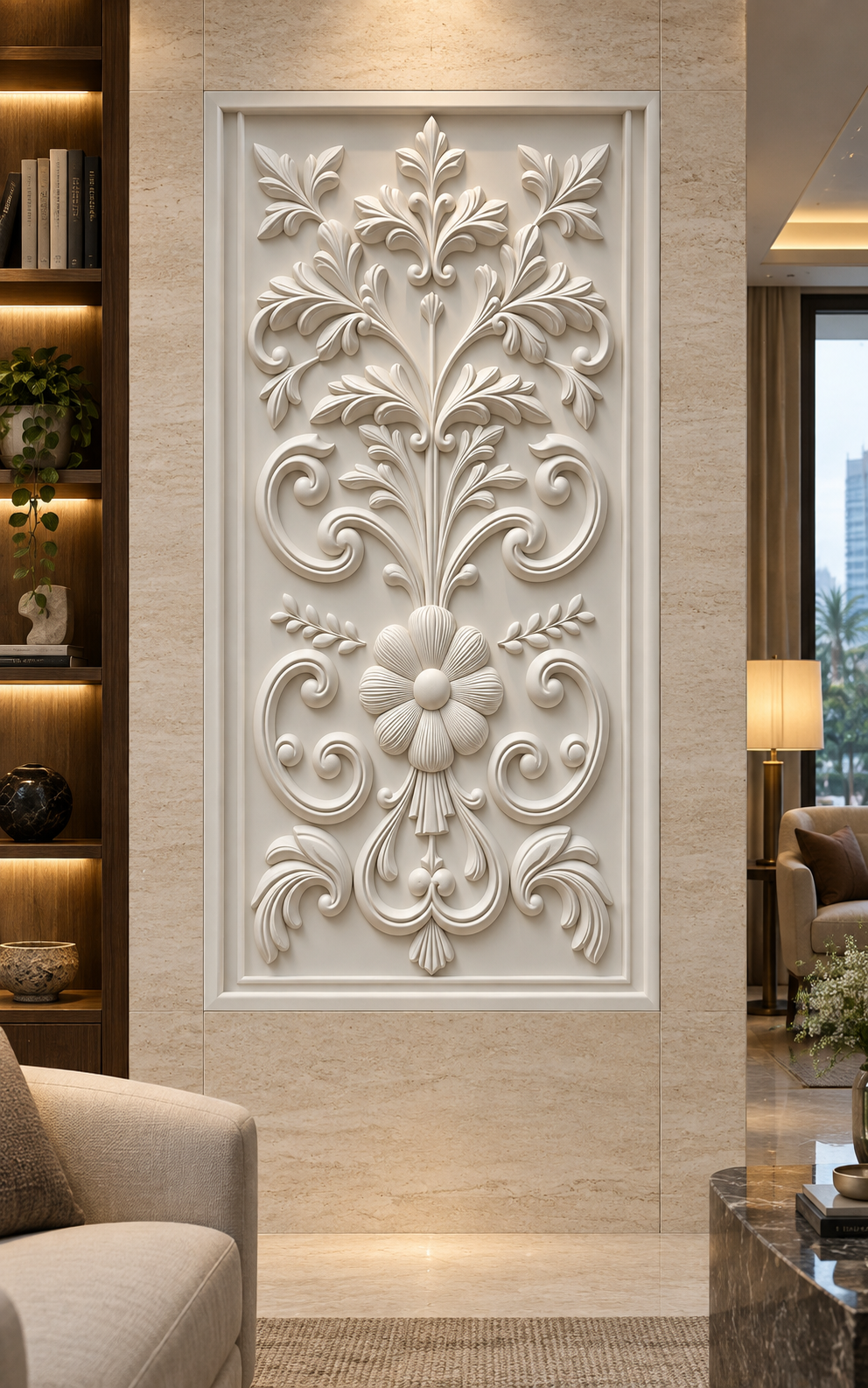 Baroque Floral Crest Corian Wall Panel, front view in the South Mumbai library lounge