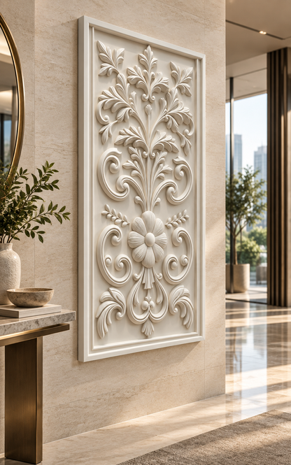 Baroque Floral Crest Corian Wall Panel, left view in the BKC executive foyer