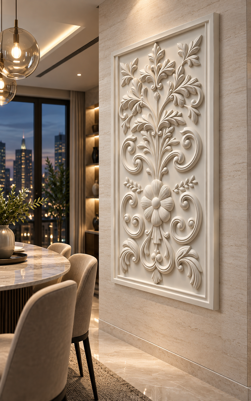 Baroque Floral Crest Corian Wall Panel, right view in the Lower Parel dining room