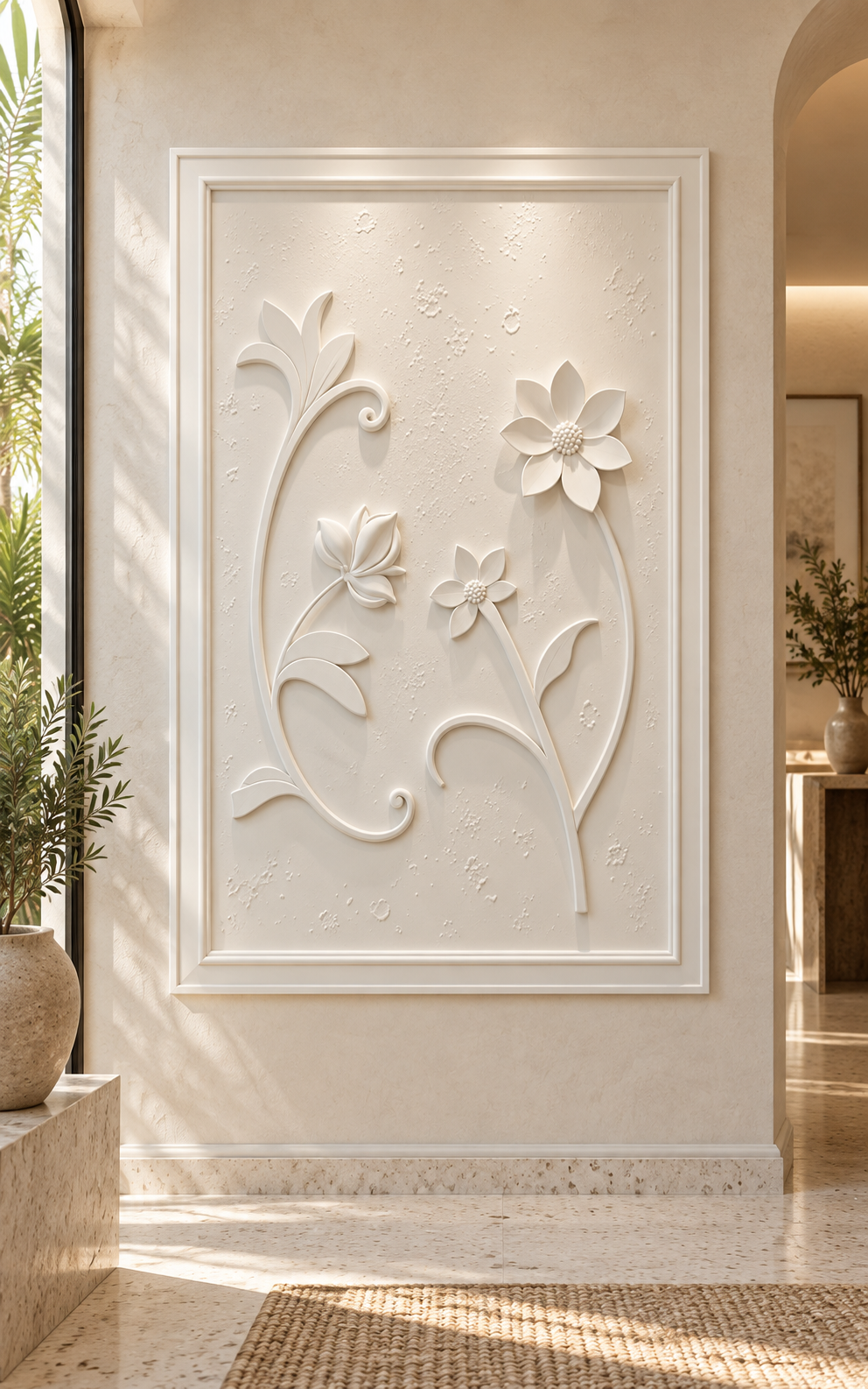 Poised Stem Trio Corian Wall Panel, front view in the Bandra wellness foyer
